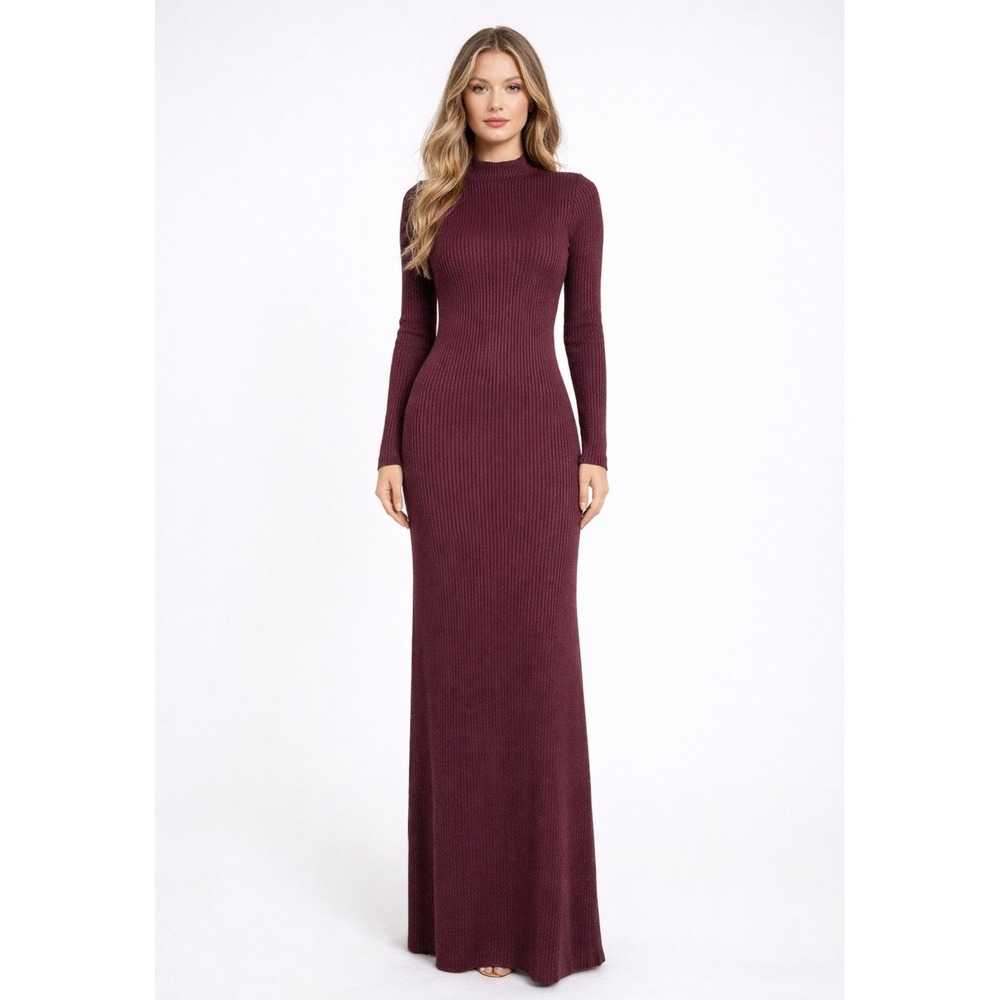Lulus Plum Burgundy Ribbed Mock Neck Long Sleeve Maxi Dress Small